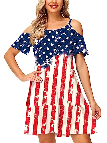 Image of Deerose Womens 4th of July Dresses Cold Shoulder American Flag Tie Dye A-Line Dress with Pockets