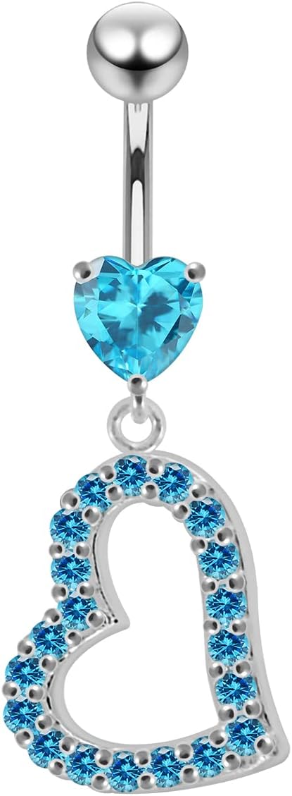 Stylish Heart with Studded Cut Out Heart Dangling Design 925 Sterling Silver with Stainless Steel Belly Ring - Belly Button jewelry - Navel jewelry