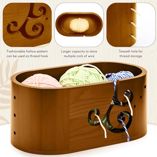 Image of Marsui Oval Wooden Yarn Bowls with 3 Holes Curly Design Yarn Holder for Crocheting, Crochet Bowl for Knitting Storage Crocheters Gift Knitting Supplies, 5.47 x 10.79 x 4.72 Inch