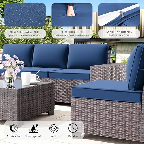 Image of 7 PCS Outdoor Patio Furniture Set,Outdoor Sectional Furniture with 43 inch 55000 BTU Gas Propane Fire Pit Table,All Weather PE Rattan Wicker Patio Conversation Set,Navy Blue