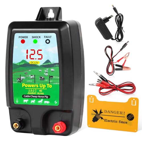 SWAWIS Weidezaungerät 12V mit LED Anzeige Elektrozaun 10km Reichweite Weidezaun für Hunde Hühner Pferde Ochse Schaf Schwein Geflügel,Vieh,Steuergerät zum Schutz von Gärten,Schwarz