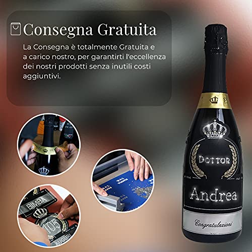 Bottiglia per Festa di Laurea PERSONALIZZABILE - Bottiglia regalo spumante italiano 0,75L con scritta Auguri Dottore in autentici cristalli e possibilità di personalizzare il nome (AUGURI DOTTORE)