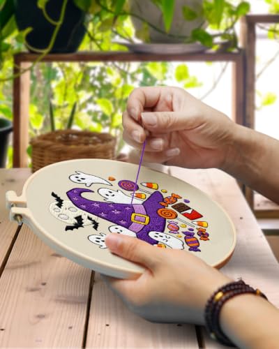 Image of TINDTOP Halloween Embroidery Kit for Adult, Embroidery DIY Starter Kit, with Stamped Patterns, Hoop, Tools, Colorful Threads with Needles, Instructions (Halloween C)