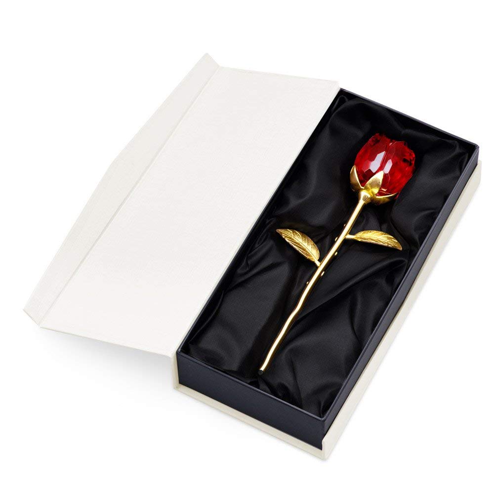 Maverton Rosa Stabilizzata Eterna in Vetro in Scatola Personalizzata - Rose stabilizzate di Cristallo - Soprammobili moderni - Rosso - Oro - Idea Regalo Donna - cuore