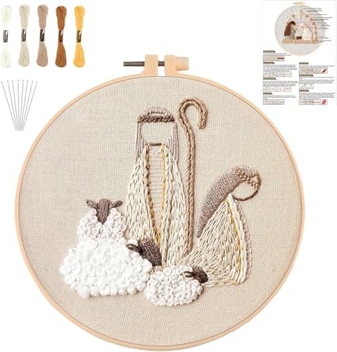 Image of YOUDRN Nativity Scene Embroidery kit,Christmas Cross Stitch Kits,DIY Embroidery Kit for Adults with Pattern,Cotton Threads,Needles,Instruction,20cm Hoop,for Decor Home Room (Shepherds)