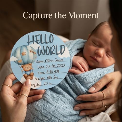 Image of Blue Bear Baby Announcement Sign, Wooden Nursery Birth Name Plaque 6in | Blue Bear & Hot Air Balloon Themed Wooden Name Sign for Newborn Announcement, Nursery Decor, Baby Shower Gifts