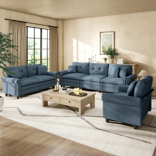 Image of HERA'S HOUSE Modular Sectional Sofa Set for Living Room 3-Piece Deep Seats | Mid-Century Modern 6-Seater Cloud Sofa Set, Cyan, Rolled Arms & Nailhead Trim, Wider & Deeper Seats, Linen Furniture Set