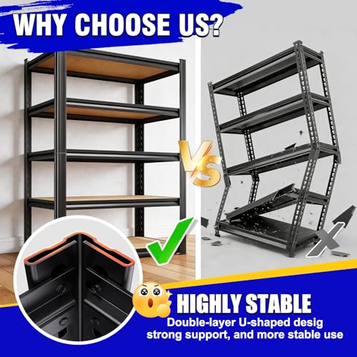 Image of 4 Pack Heavy Duty Garage Shelving - 1900 LBS Capacity 5-Tier Metal Storage Shelves, 71 inchH x 28 inchW x 12 inchD Adjustable Steel Utility Rack, Compact Storage Shelf for Pantry, Closet, Basement, Shed - Black