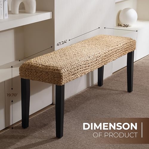 Image of Entryway Bench with Solid Wood Acacia, 47 inch End of Bed Bench for Bedroom, Water Hyacinth Indoor Bench Seat, Boho Woven Bench for Living Room, Wicker Bench for Hallway or Kitchen, Wood Bench (Black Leg)