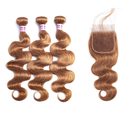 Aigemei Honey Blonde Bundles with Closure 8A Body Wave Peruvian Virgin Human Hair Color 27 Hair Weaves with 4x4 Free Part Lace Closure(20"20"22"+20"Closure,Color 27)