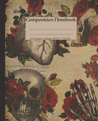 Composition Notebook: Vintage halloween themed notebook for adults. Unique aesthetic gothic skull & roses floral halloween gift. College ruled image 2