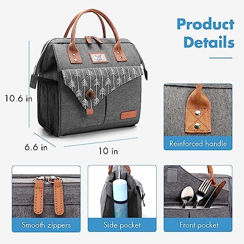 Lekesky Insulated Lunch Bag for Women Lunch Box Leakproof Reusable Cooler Bag for Adult Outdoor Work, Grey