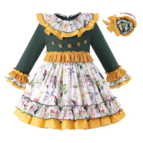 Pettigirl Girls Elegant Winter Flower Ruffle Clothing Kids Toddler Floral Casual Dresses Size 2 3 4 5 6 7 8 9 10 11 12