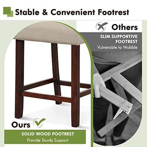 Image of COSTWAY Bar Stools Set of 4, Linen 24.5 Inch Counter Height Chairs with Hollowed Backs, Rubber Wood Legs, Upholstered Barstools for Kitchen Island Home Bar Pub Dining Room, Beige