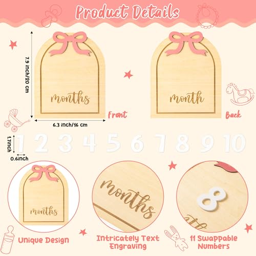 image for R HORSE Baby Monthly Milestone Cards, 3D Coquette Pink Bow Wooden Mont