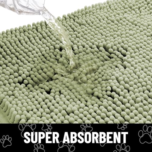 Image of Smiry Dog Door Mat for Muddy Paws, Absorbent Dirt Trapper Non Slip Quick Dry Washable Chenille Mat for Mud Dogs, Entry Rug for Indoor and Outdoor (30x20 Inches, Sage Green and Black)