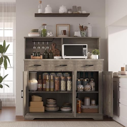 GarveeHome Farmhouse Sideboard Buffet with Microwave Stand, Barn Doors Buffet Storage Cabinet with Drawers and Shelves, Wood Coffee Bar Cabinet for Kitchen, Dining Room, Living Room, Grey