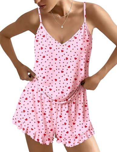 Ekouaer Womens Cami Pajama Sets V Neck PJs Soft Lingerie Sleepwear 2 Piece Tank Top with Ruffle Shorts Heart Print S