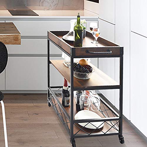 Usinso Solid Wood Kitchen Serving Carts Rolling Bar Cart With 3 Tier Storage Shelves Kitchen Island Cart With Wine Glass Holder,Handle Racks,Lockable Caster Liquor Cart Removable Top Box Container #TOP6