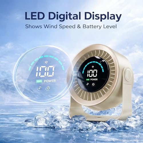 Image of Desk Fan with LED Digital Display, USB Rechargeable Quiet Desktop Fan, Touch Control Portable Mini Table Fan with 5 Speed Modes, 360Adjustable Tilt for Bedroom, Office & Home (Khaki)