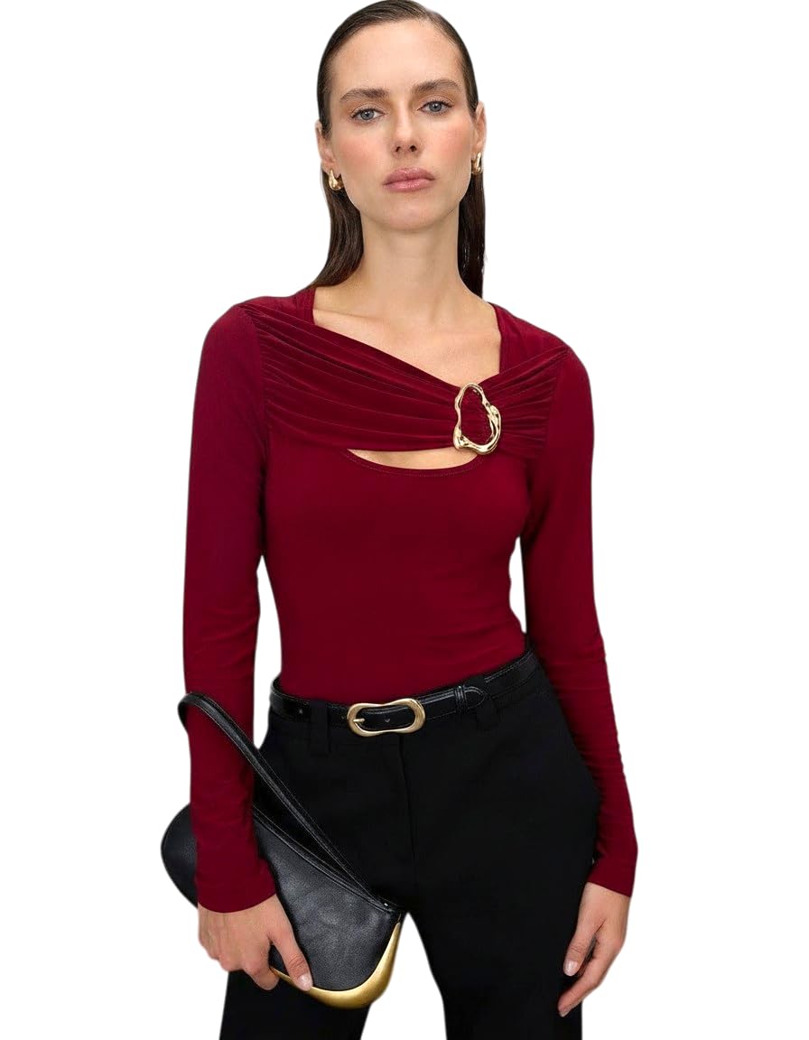 Women's Ruched Cut-Out Top | Long Sleeve Bodycon Western Top for Women | Metal Ring Detail Stretch Top | Maroon | Party & Casual Wear-picture-46