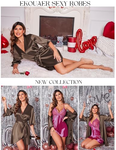 Image of Ekouaer Women's Satin Robe Valentines Lingerie for Women Kimono Bathrobe Short Ruffle Belted Robes Bridesmaids Sleepwear