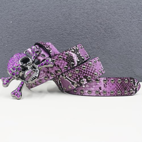Bling Western Studded Belt for Women Men,Shining Skull Head Cross Rhinestone Buckle Crocodile Pattern Waist Strap(125cm/waist:43", Purple)3
