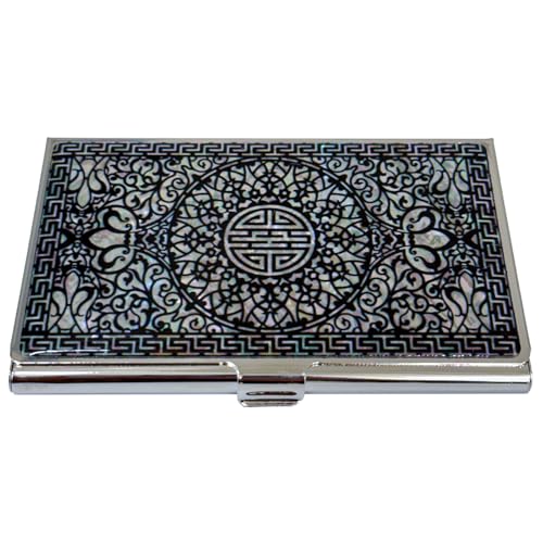 Image of Mother of Pearl Business Card Case Credit Id Name Holder Travel Wallet Art Painting Design Metal Stainless Steel Engraved Slim Purse Pocket Cash Money Wallet (N-Pattern)