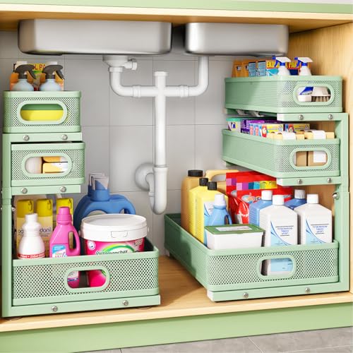 Image of Kitstorack Under Sink Organizer, 2-Pack 3-Tier Height Adjustable Thickened Metal Pull out Cabinet Organizer Shelf, Slide out Storage Drawer Rack for Bathroom Kitchen Pantry Home Organization, Green