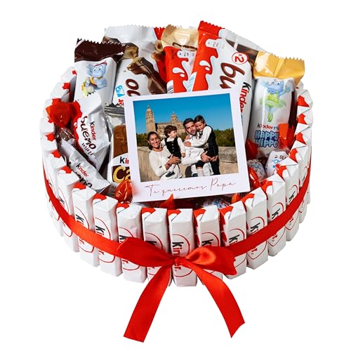 Onza Cesta Día del Padre de Chocolates y Bombones Kinder - Regalo original dia del Padre Hombre - Personalizado con foto - Tarta Kinder Bueno Pack, Happy Hippo, Chocobons, Cards