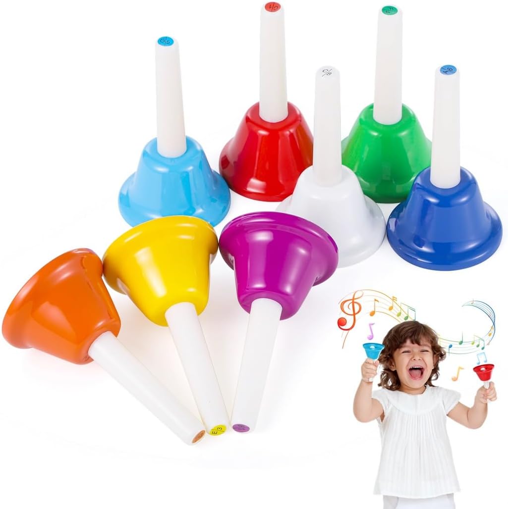 Colorful Metal Hand Bells, 8 Note Hand Bells Set, Diatonic Musical Instrument Percussion Toys for Music Teaching, Church Chorus, Family Party, Festival