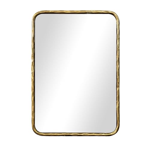 BEGINS Hand-Forged Steel Wall Mirror, 30x22 Inch Vintage Solid Steel Frame, Antique Rounded Rectangle Bathroom Mirror with Hidden Mounting Hooks, Horizontal or Vertical Hanging - Gold - 30*22