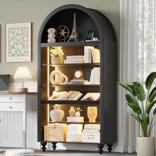 ZKIODV 71" Tall Arch Bookcase, Modern Arched Storage Cabinet with Sensor LED Lights, 6-Tier Bookshelf with 2 Adjustable Shelves, Wood Display Cabinet for Living Room, Home Office (Black)