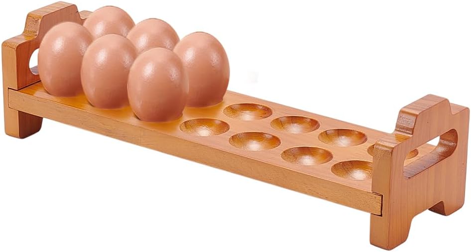 BENECREAT 14 Grooves Pine Wood Egg Holder,13x3.9x3.5inch Fresh Egg Storage for Farmhouse, Refrigerator Storage, Kitchen Decoration, 1.4inch Diameter