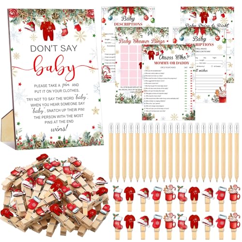 Image of Patelai 321 Pcs Christmas Santa Baby Shower Game Supplies Include 250 Activity Cards 20 Pencils 1 Don't Say Baby Sign 50 Clothespins for Price Is Right Prediction Bingo Game Party Decor