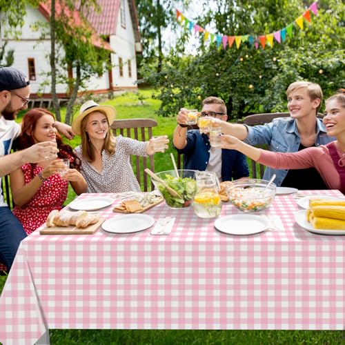 Image of 12Pack Pink and White Plastic Checkered Tablecloth, Premium Decorative Disposable Pink Gingham Plaid Table Cloths for Parties, Rectangle Party Table Cover for Picnic Farm Birthday Wedding, 54x108 Inch