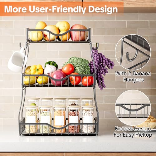 THKVESN 3 Tier Fruit Basket for Kitchen Countertop with 2 Banana Hangers,Detachable Metal Fruit Bowl with Wooden Handles and Protective Pads,Large Capacity Fruit and Vegetable Basket Organizer,Black by THKVESN - Used condition - Image 4