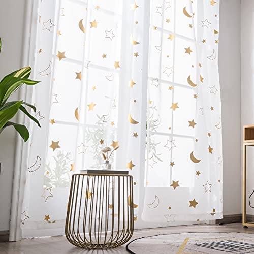 Cute Star Moon Sheer Curtains 84 Inch Length For Boys Girls Bedroom - Rod Pocket Light Filtering Starry Night Theme Gold Foil Print White Sheer Curtains For Kids Nursey Room, Set 2 Panels, 52X84 #TOP1