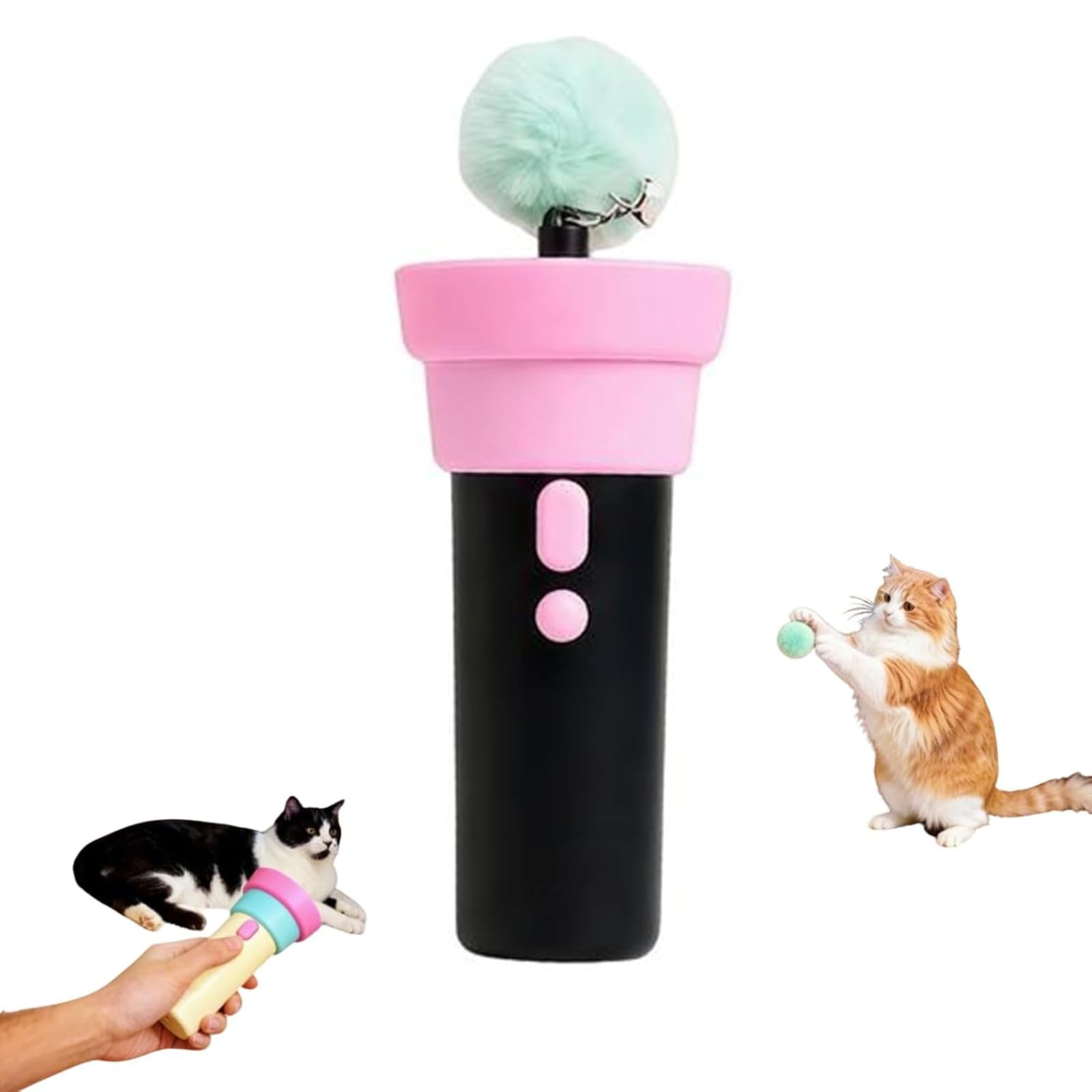 Interactive Cat Toys for Indoor Cats - Electric Cat Wand Toy with Telescopic Rope, Fuzzy Ball Launchers Funny Pet Enrichment Toys for Bored Kittens Puppies & Multi Pets Households (Black)