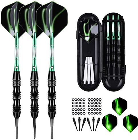 sanfeng Professional Soft Tip Darts Set 20 Grams W/ 50 O-Rings- 30 Darts Plastic Tip + Green Aluminum Shafts + 6 Standard Flights + Portable Case for Electronic Dart Board