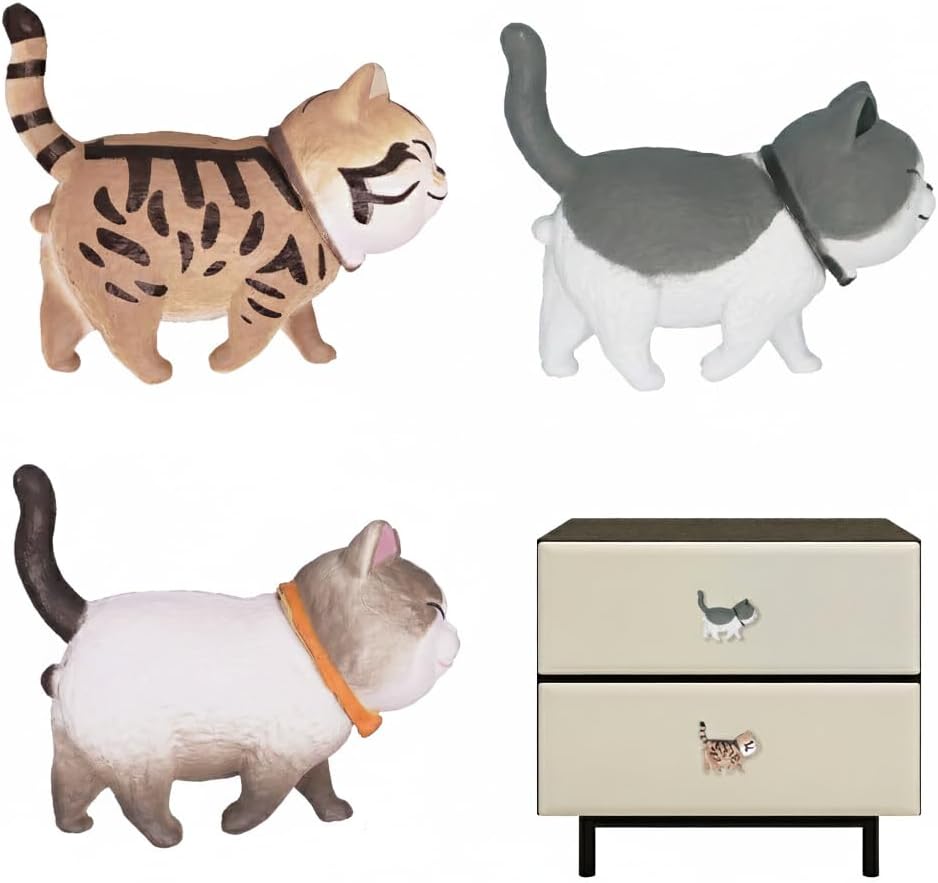 3 Pack Whimsical Cat Cabinet Knobs, Cute Animal Drawer Knobs for Kids Girls, Decorative Dresser Pulls and Knobs for Kitchen, Bedroom, Closet, Cupboard & DIY Furniture Makeover, Cat Lover Gift (Grey)
