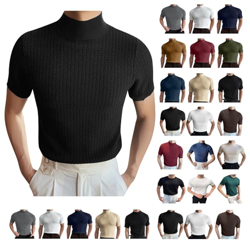 Mock Turtleneck Shirts for Men Solid Knitted Short Sleeve T Shirts Stretch Slim Lightweight Tshirt Basic Undershirts