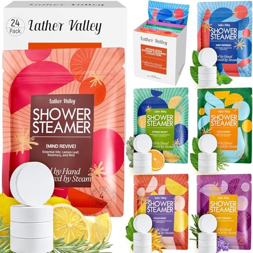 Aromatherapy & Sport Shower Steamers 24 Pack Shower Bombs with 6 Scents 100% Pure Essential Oils Refreshing & Relaxing Spa & Birthday Gifts for Women Ideal Summer Self-Care & Fathers Day Gift
