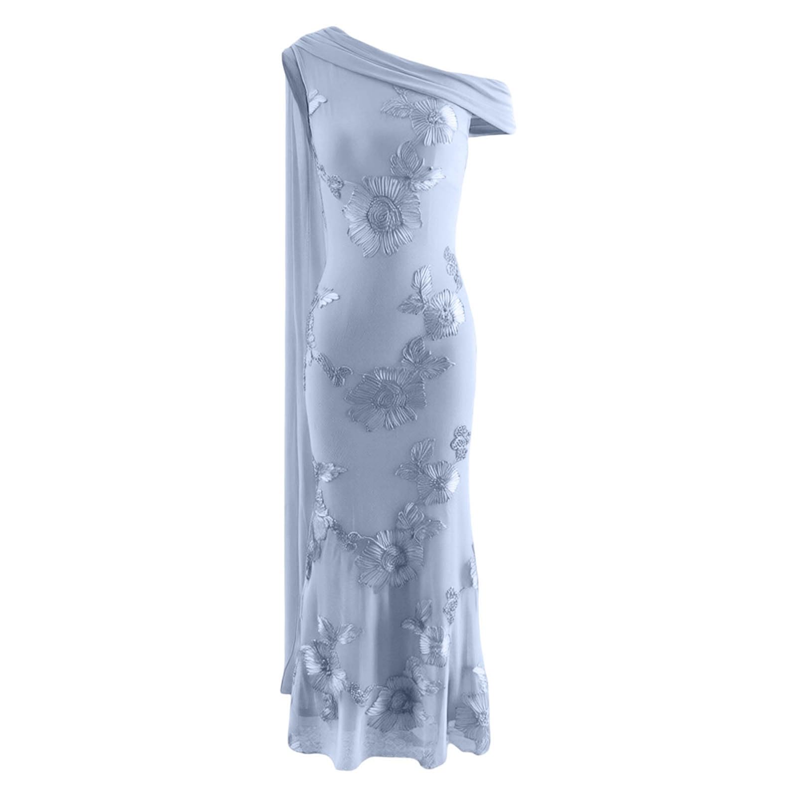 Generisch Elegante vestido de noche en color liso con estampado floral escultórico, hombros asimétricos y faja extraíble