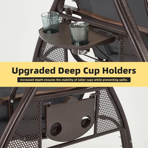 Image of HOMREST 3 Person Outdoor Porch Swing with 1.5 inch Upgraded Cup Holder, Adjustable Canopy, Backrest, Patio Swing Bed with Weather Resistant Steel Frame, Cushions for Garden,Deck and Poolside(Gray)
