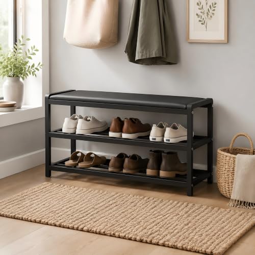 Tenebrisolux Stainless‑Steel Padded Shoe Rack Bench, Entryway Storage Bench for Kids & Adults, Hallway Shoe Organizer with Comfort Seat
