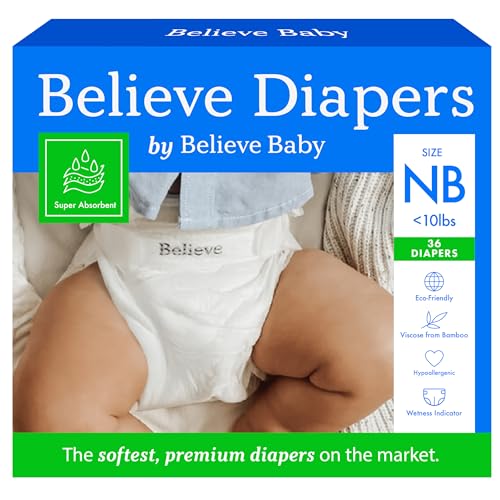 Believe Diapers Size Newborn (<10Lbs) Viscose Bamboo Diapers 36 Count – Natural Baby Diaper, Chemical Free and Fragrance Free Natural Diaper for Sensitive Skin, Super Absorbent with Leak Protection