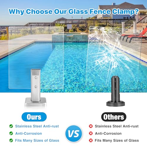 Edelstahl 304 Glasklemme, Glasklemmhalter für 8-12 mm/0,31-0,47 Zoll Dickes Glas mit 4 Schrauben für Schwimmbad Bodenmontage Treppengeländer Balustradengeländer Balkon Zaunklemme (Spiegelsilber)