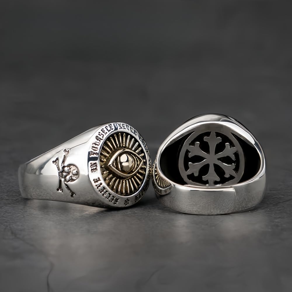 ForFox Anillo ojo de dios que todo lo ve masónico de plata de ley 925 con calavera y tibias cruzadas para hombres mujeres abierto y ajustable