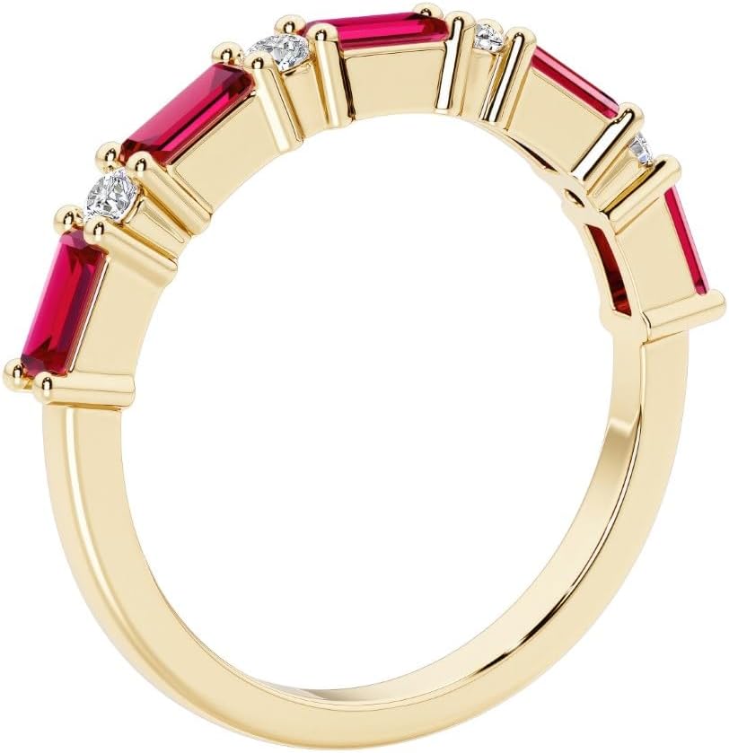 Solid 14k Gold Alternating Baguette Lab Grown Ruby and Diamond Half Eternity Stackable Ring, 1.02 Carat, July Birthstone, Anniversary Wedding Band, Birthday Gift for Women w/ Jewelry Box, Sz 4-10